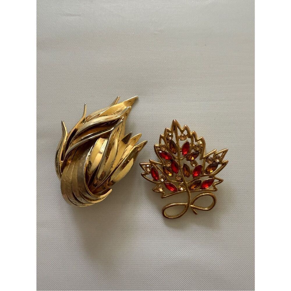 Vintage Two Brooch Lot Red Rhinestone Leaf Brooch and Trifari-esq, Flame Brooch